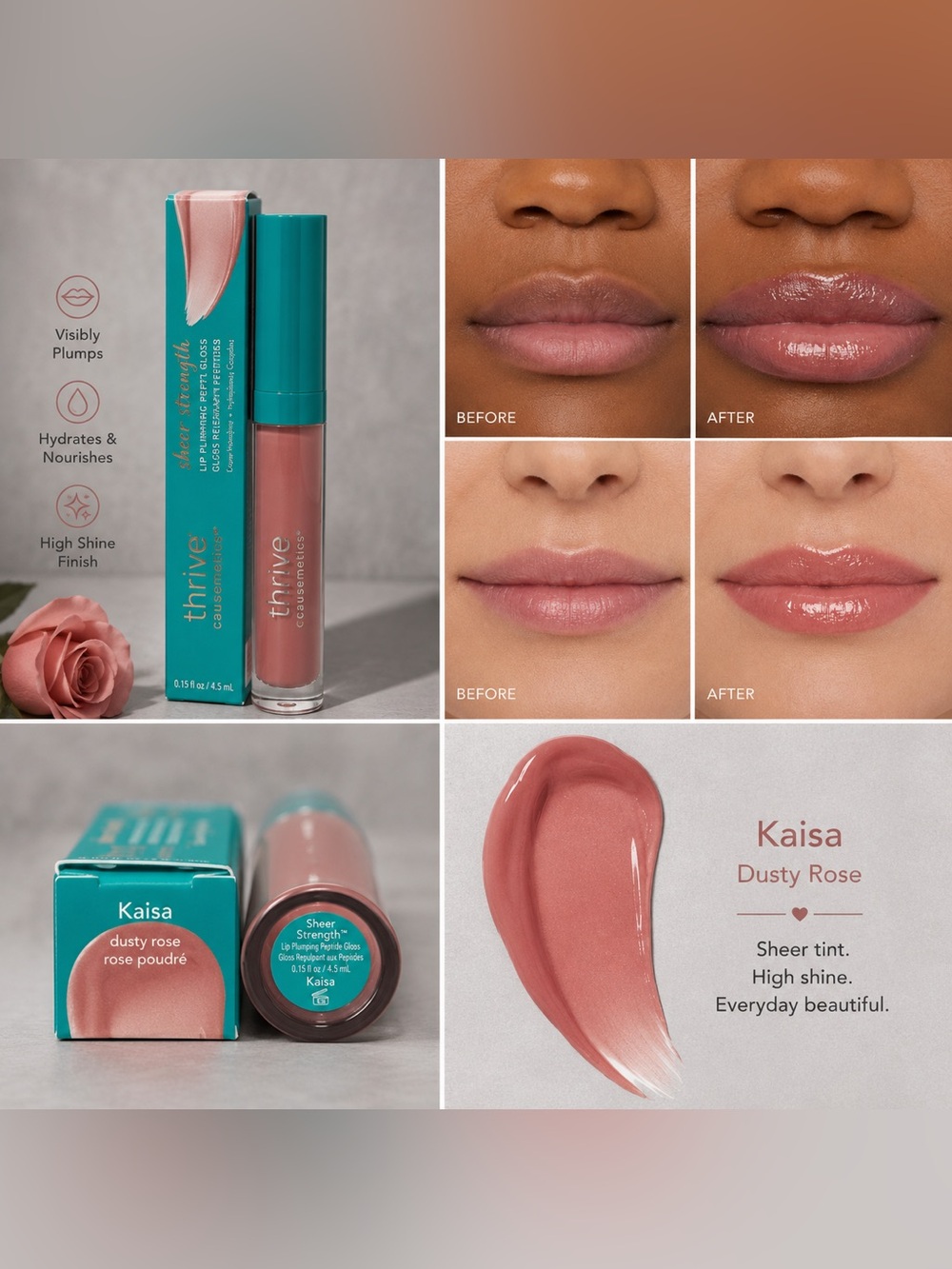 Thrive Kaisa Sheer Strength Lip Plumping Peptide Gloss-dusty rose, vegan, gentle